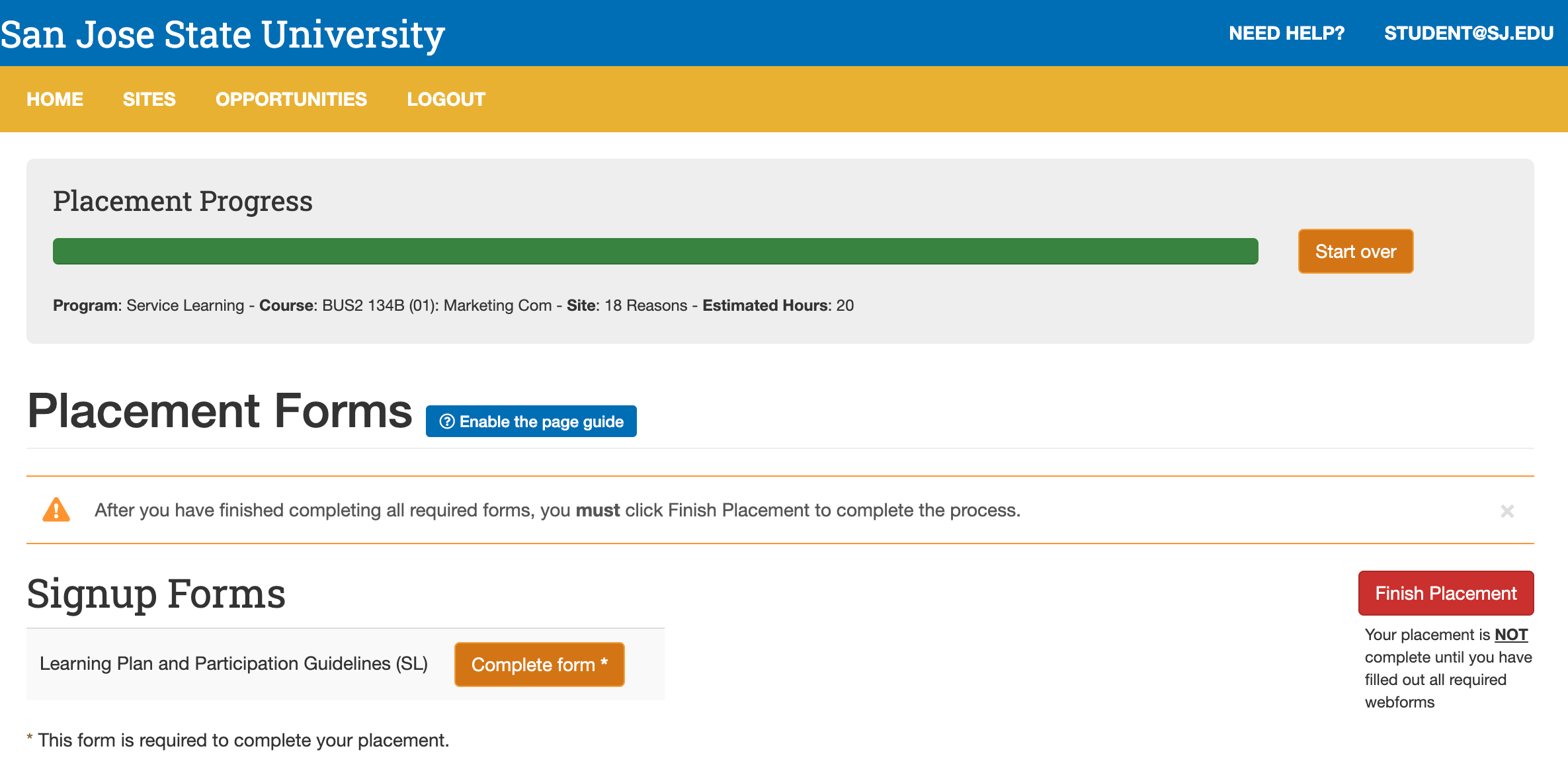 SJS4 Placement Forms Page Screenshot of SJS4 'Placement Forms' Page