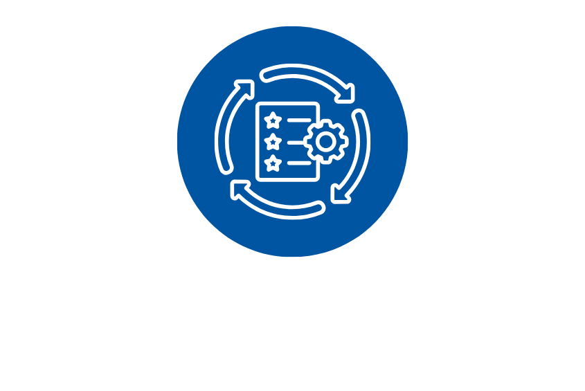 Icon graphic of a checklist surrounded by spinning arrows.